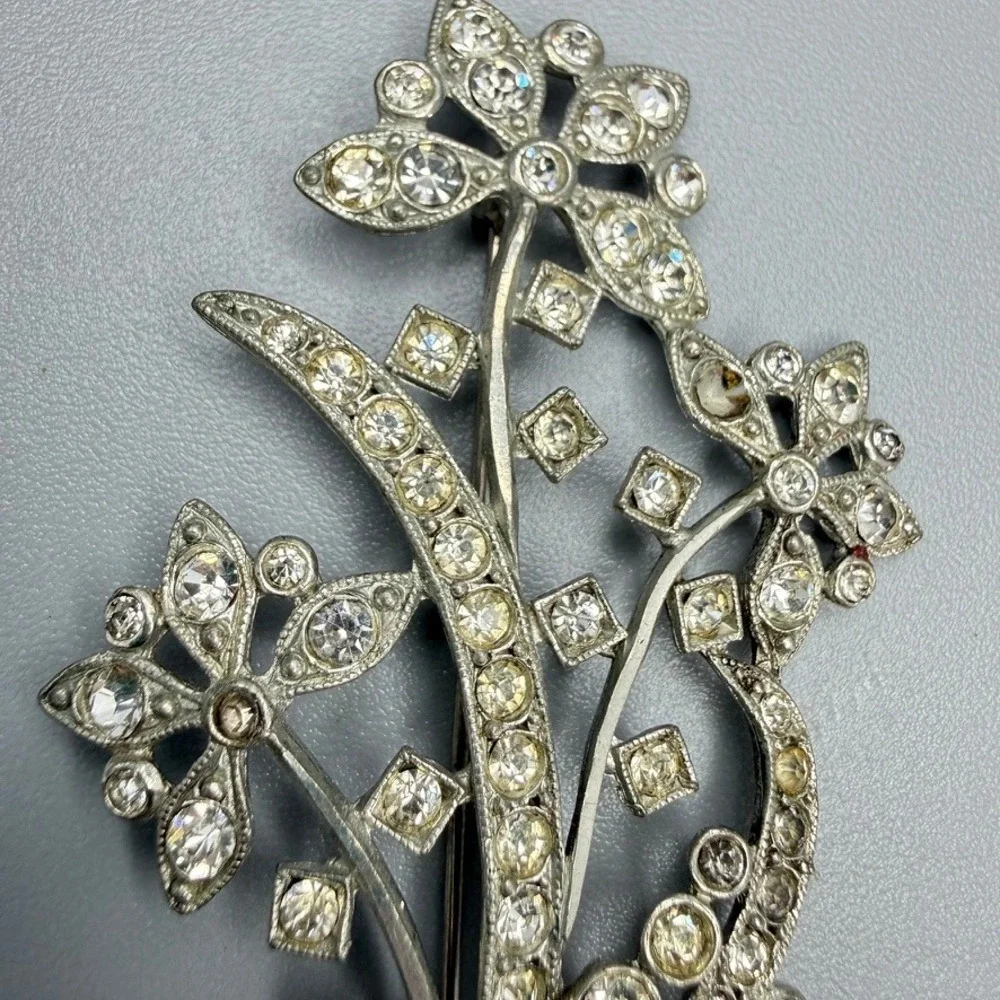 Vintage Pot Metal Floral Rhinestone Brooch c. 1940s Silver Tone Extra Large